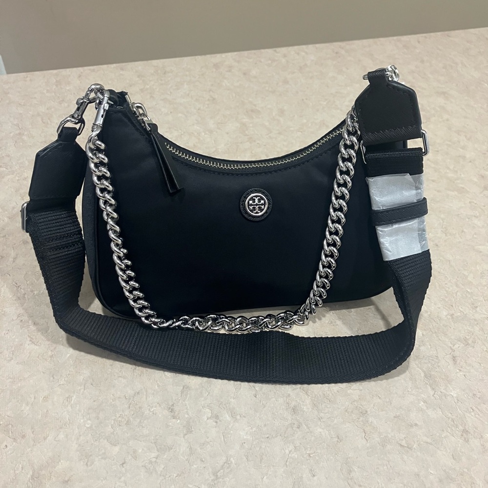 Tory Burch Virginia Black Nylon Shoulder Bag With Silver Chain
